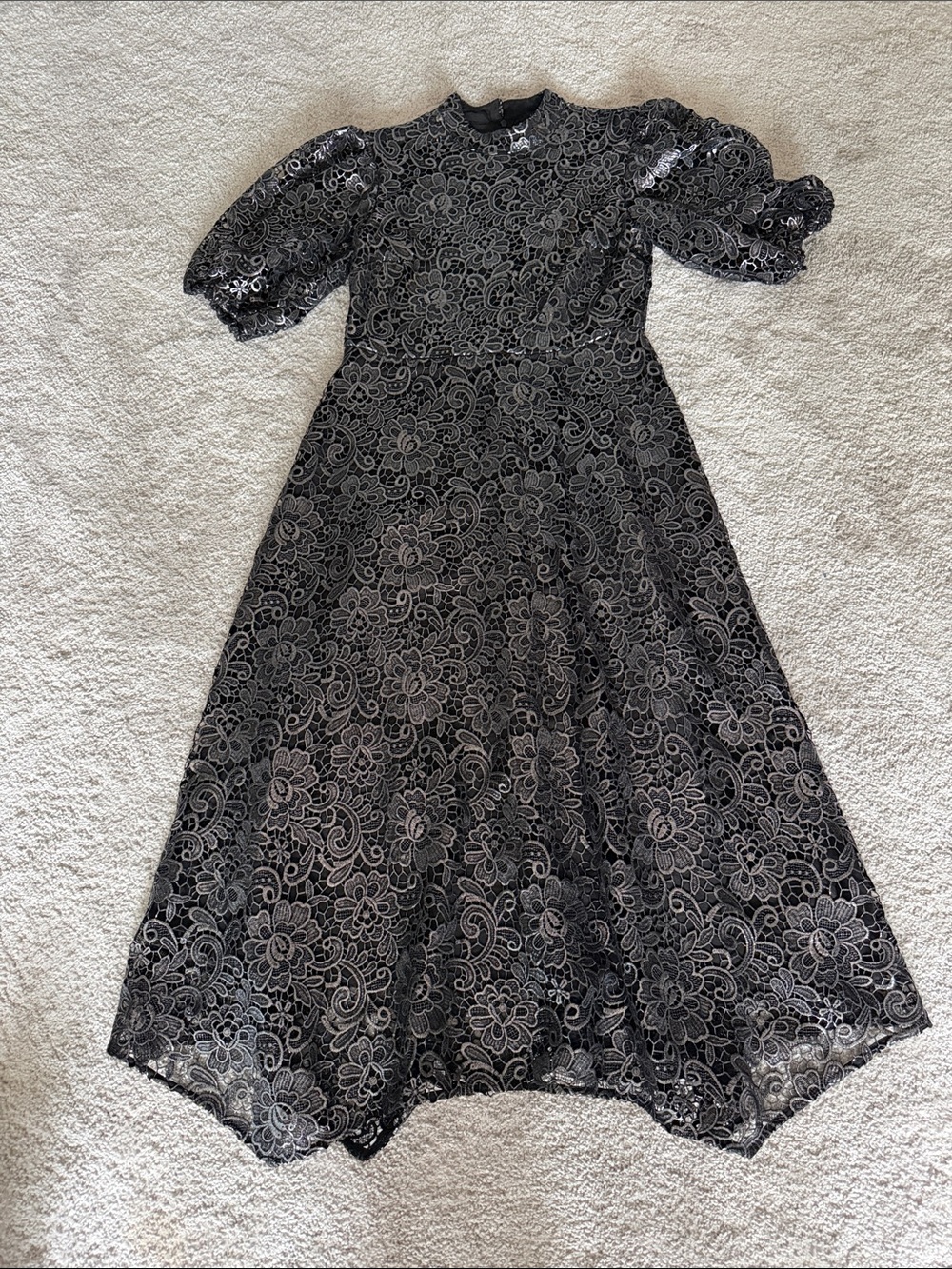 AllSaints Black Floral Lace Midi Dress with Puff Sleeves